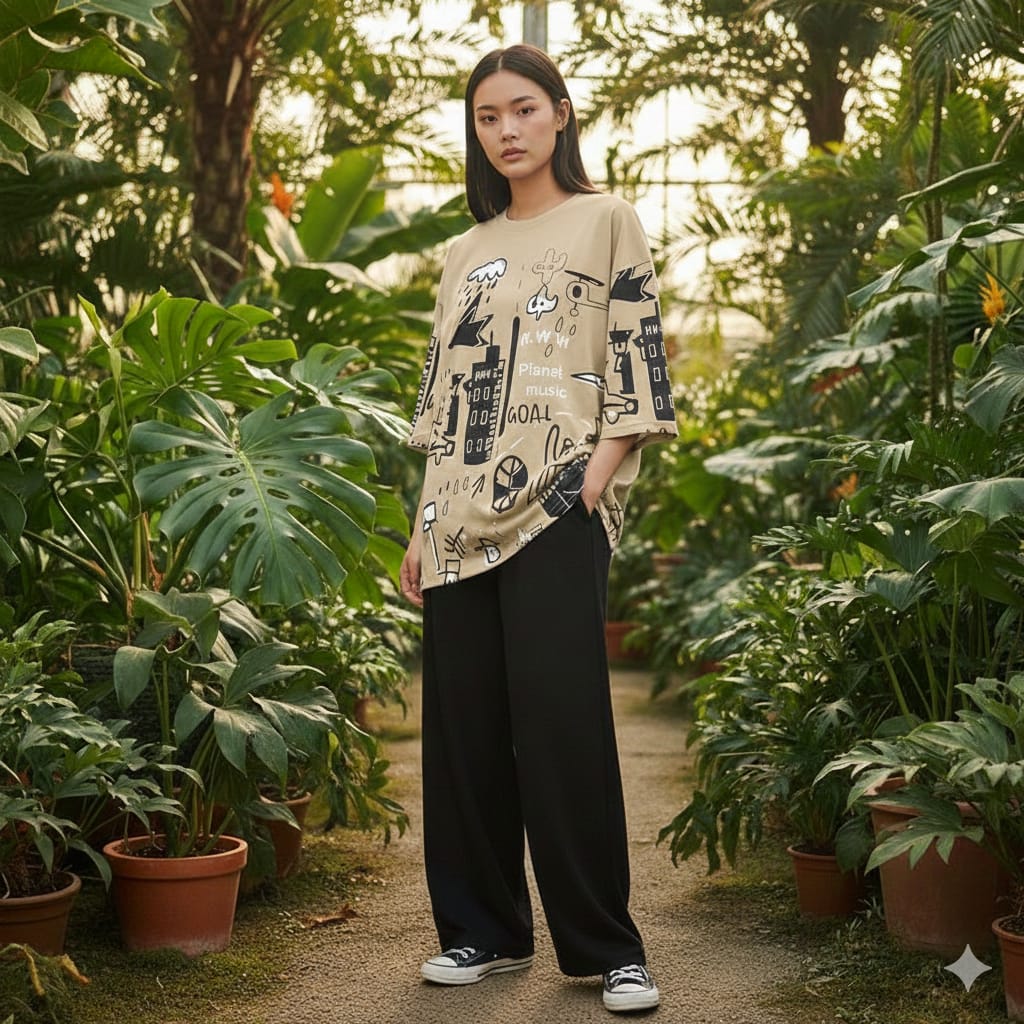 Brown Graphic Planet Printed T-shirt with Sold Black Trouser Dress