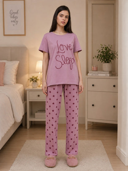 Hot Pink Love Sleep T-shirt With Matching Star Printed Trouser