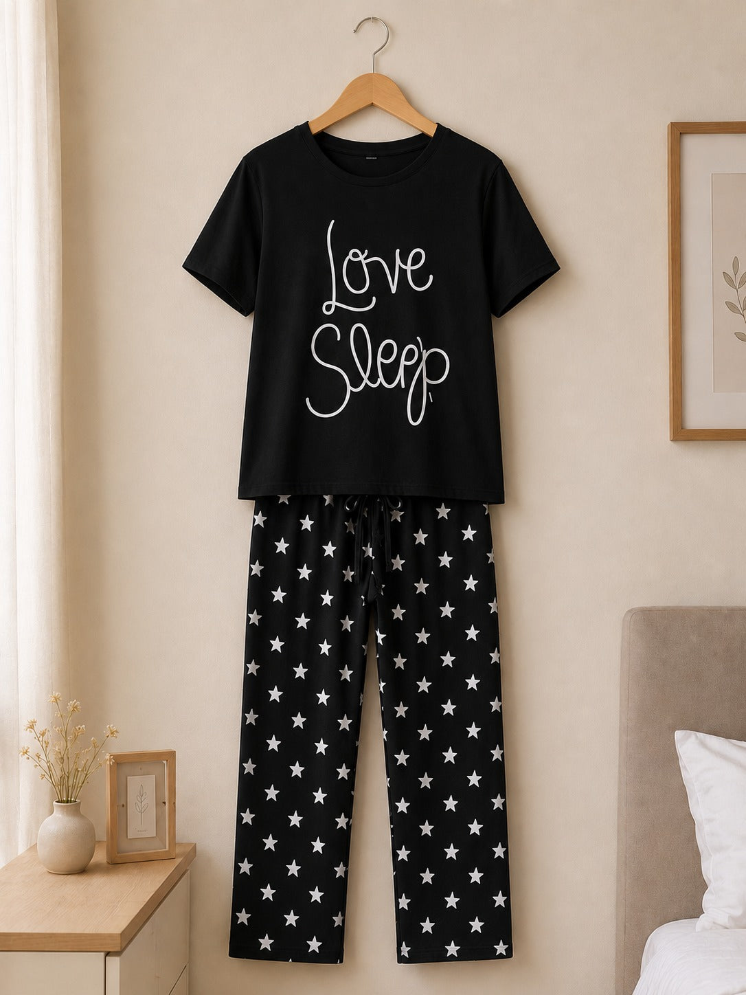 Black Love Sleep T-shirt With Matching Star Printed Trouser