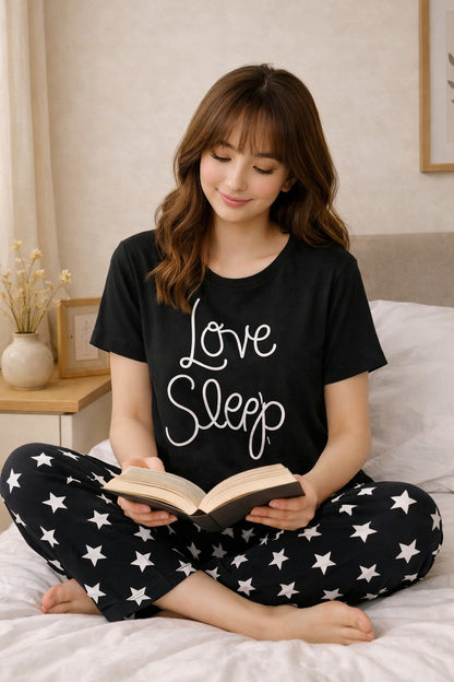 Black Love Sleep T-shirt With Matching Star Printed Trouser