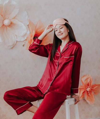 Red Classic White Satin Full Sleeves Night Suit for Women