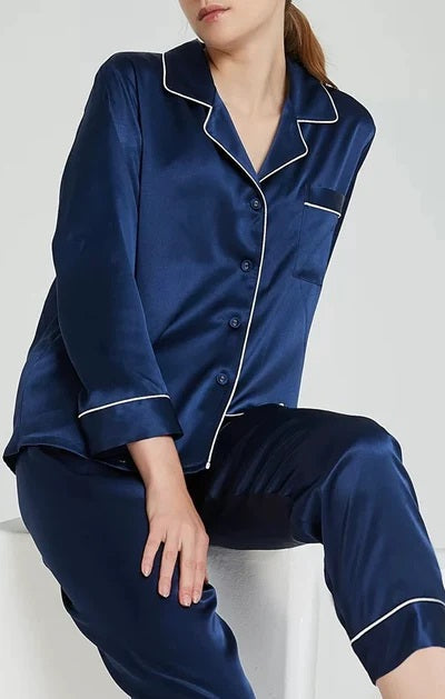 Navy Blue Classic White Satin Full Sleeves Night Suit for Women