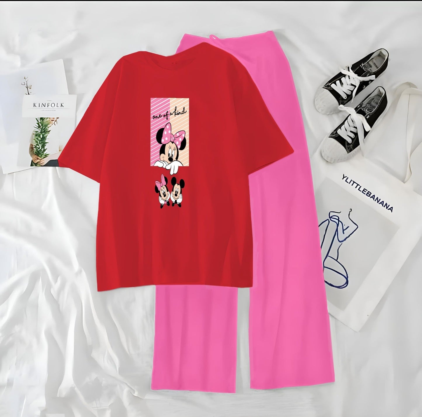 Women’s Graphic Print T-Shirt & Wide Leg Palazzo Lounge Set – Soft Casual Co-Ord Nightwear