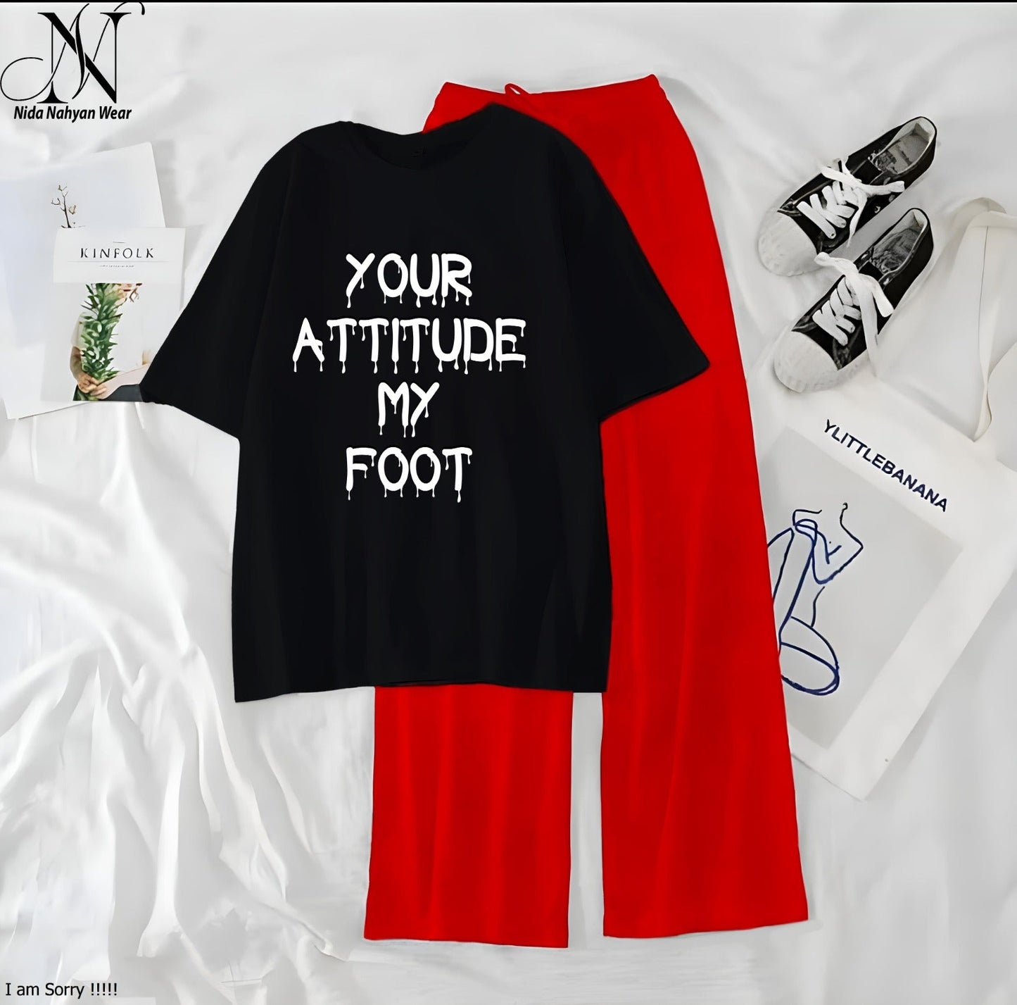 Women’s Graphic Print T-Shirt & Wide Leg Palazzo Lounge Set – Soft Casual Co-Ord Nightwear