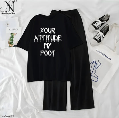 Women’s Graphic Print T-Shirt & Wide Leg Palazzo Lounge Set – Soft Casual Co-Ord Nightwear