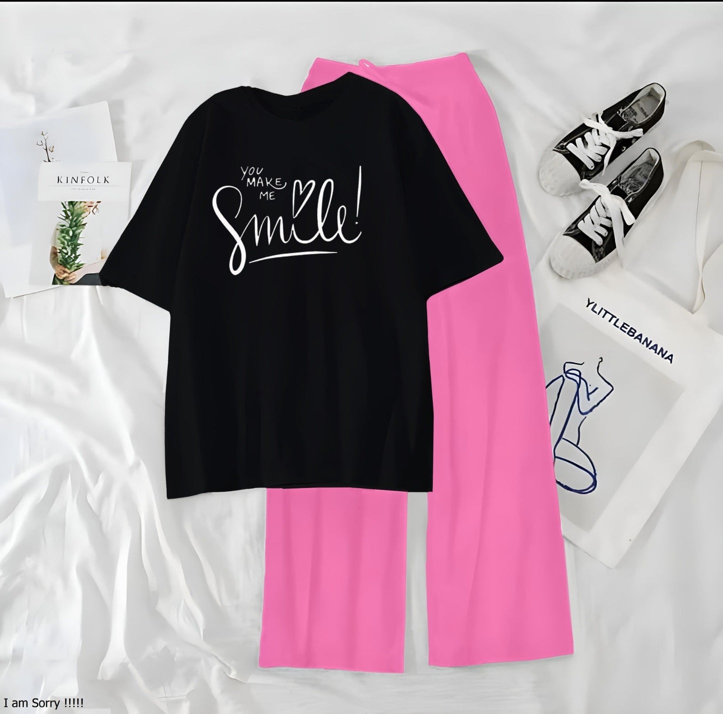 Women’s Graphic Print T-Shirt &amp; Wide Leg Palazzo Lounge Set – Soft Casual Co-Ord Nightwear