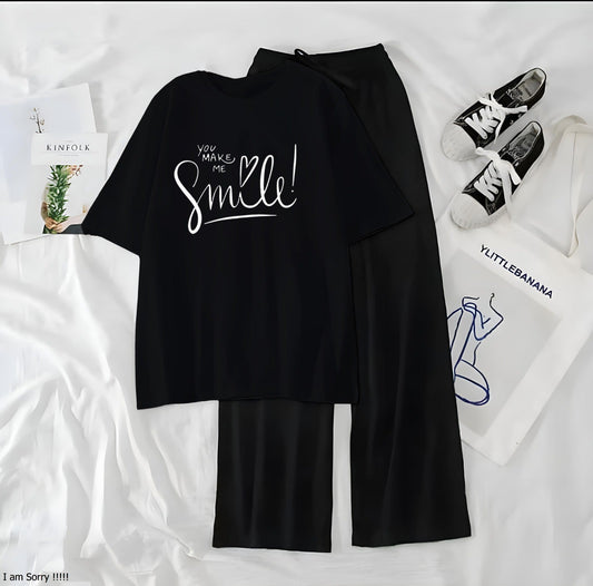 Women’s Graphic Print T-Shirt &amp; Wide Leg Palazzo Lounge Set – Soft Casual Co-Ord Nightwear