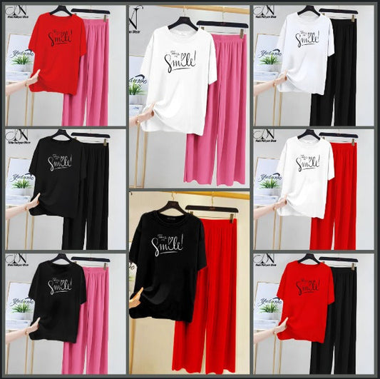 Women’s Graphic Print T-Shirt &amp; Wide Leg Palazzo Lounge Set – Soft Casual Co-Ord Nightwear