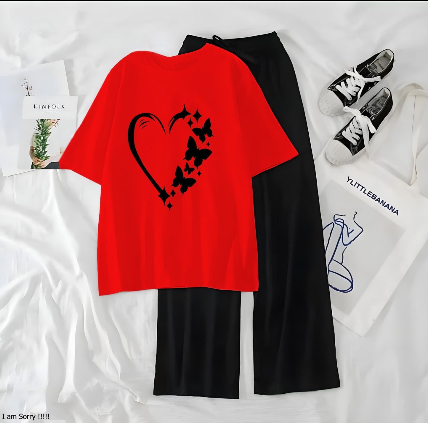 Women’s Graphic Print T-Shirt & Wide Leg Palazzo Lounge Set – Soft Casual Co-Ord Nightwear