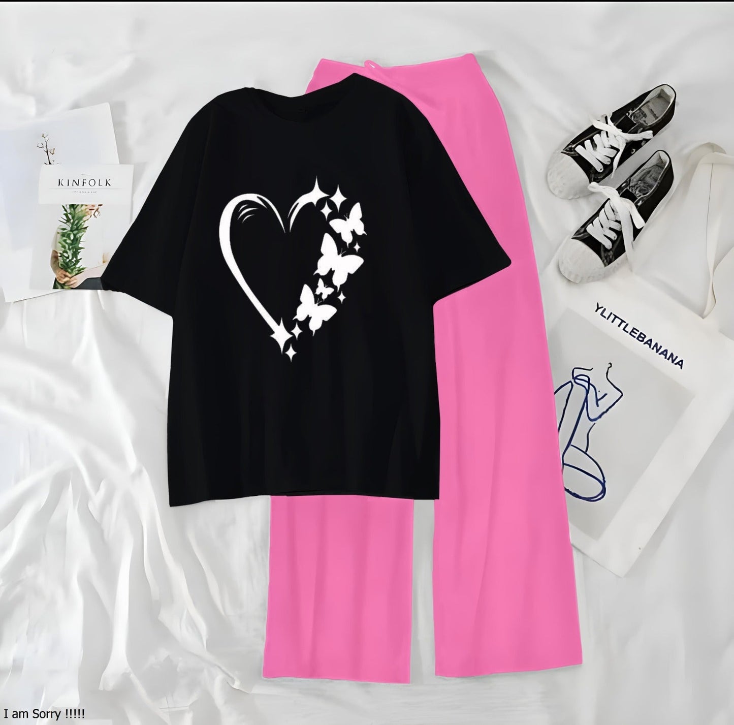 Women’s Graphic Print T-Shirt & Wide Leg Palazzo Lounge Set – Soft Casual Co-Ord Nightwear