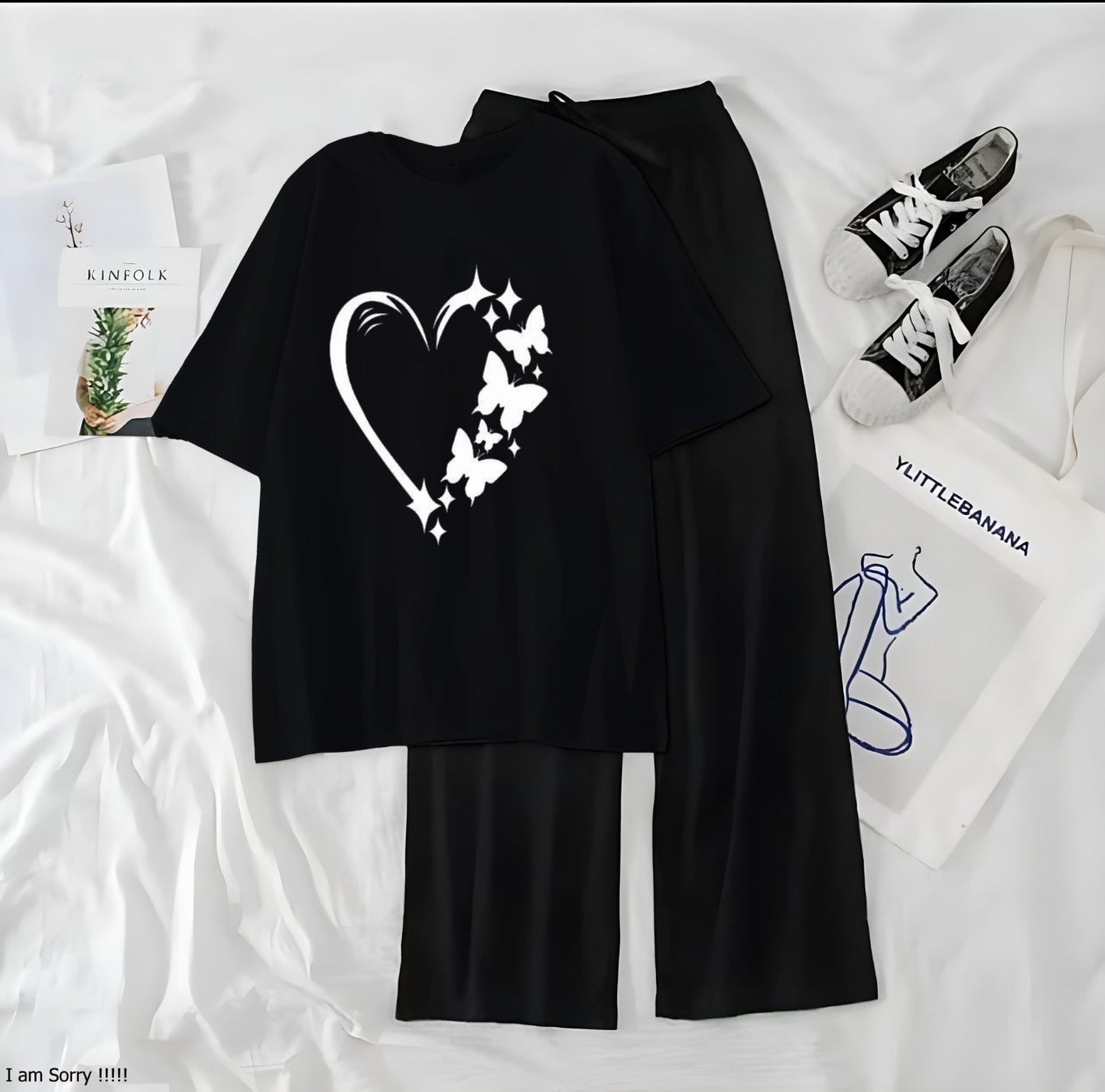 Women’s Graphic Print T-Shirt & Wide Leg Palazzo Lounge Set – Soft Casual Co-Ord Nightwear