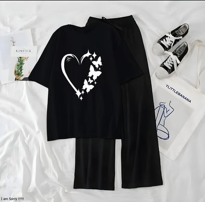 Women’s Graphic Print T-Shirt & Wide Leg Palazzo Lounge Set – Soft Casual Co-Ord Nightwear