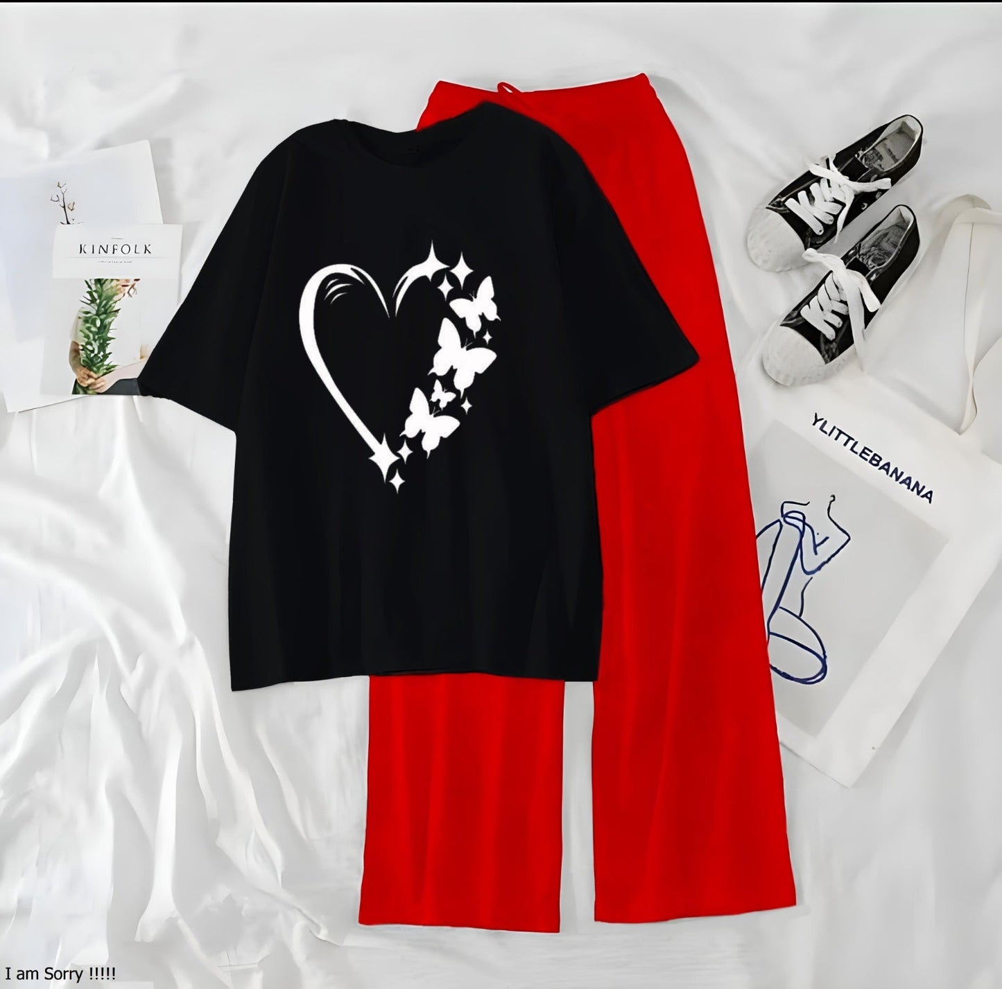 Women’s Graphic Print T-Shirt & Wide Leg Palazzo Lounge Set – Soft Casual Co-Ord Nightwear