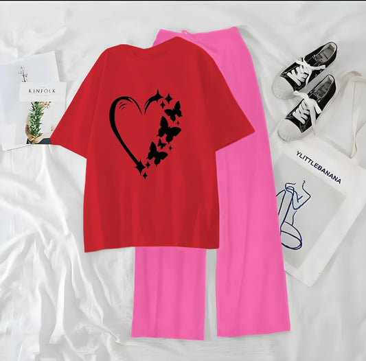 Women’s Graphic Print T-Shirt & Wide Leg Palazzo Lounge Set – Soft Casual Co-Ord Nightwear