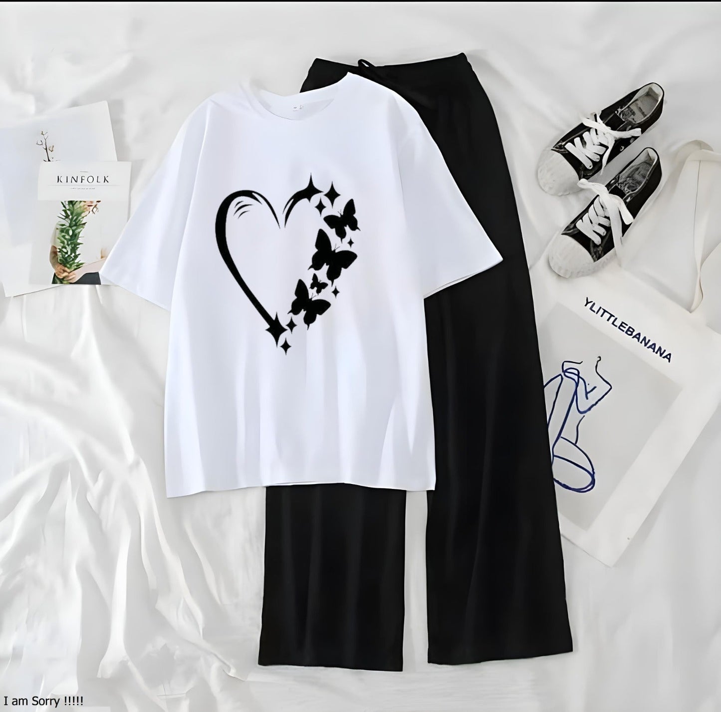 Women’s Graphic Print T-Shirt & Wide Leg Palazzo Lounge Set – Soft Casual Co-Ord Nightwear