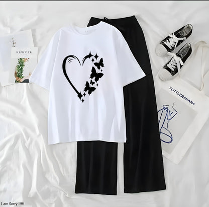 Women’s Graphic Print T-Shirt & Wide Leg Palazzo Lounge Set – Soft Casual Co-Ord Nightwear