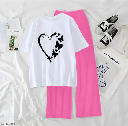 Women’s Graphic Print T-Shirt & Wide Leg Palazzo Lounge Set – Soft Casual Co-Ord Nightwear