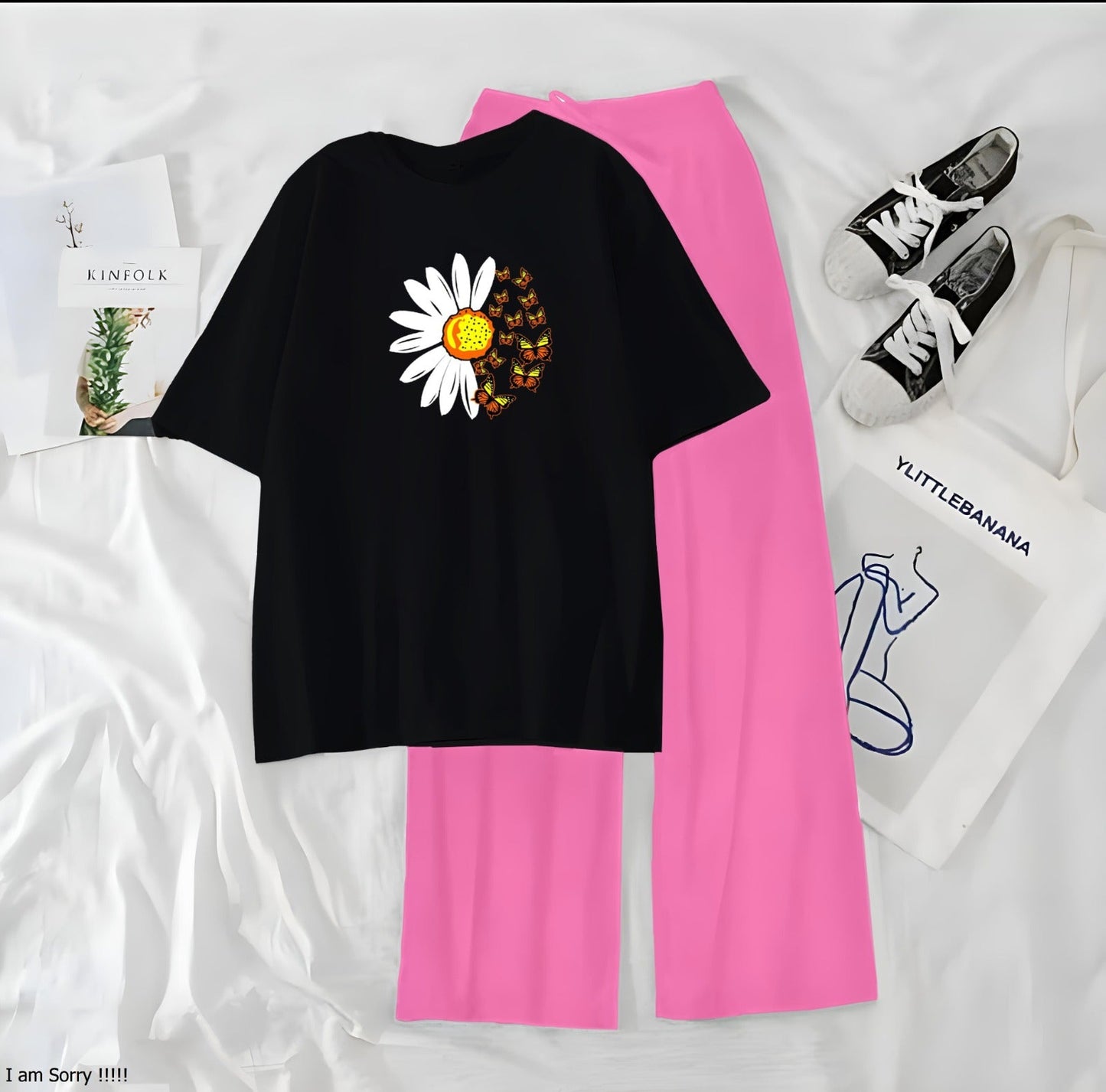 Women’s Graphic Print T-Shirt & Wide Leg Palazzo Lounge Set – Soft Casual Co-Ord Nightwear