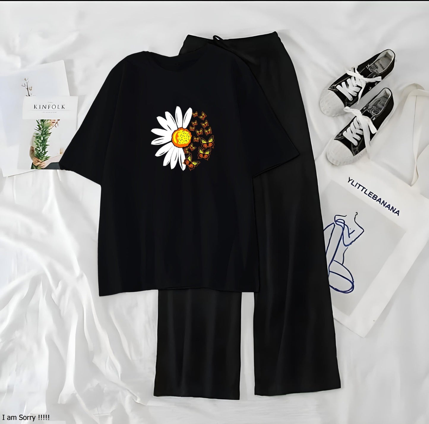 Women’s Graphic Print T-Shirt & Wide Leg Palazzo Lounge Set – Soft Casual Co-Ord Nightwear