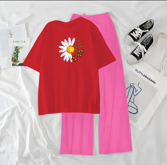Women’s Graphic Print T-Shirt & Wide Leg Palazzo Lounge Set – Soft Casual Co-Ord Nightwear