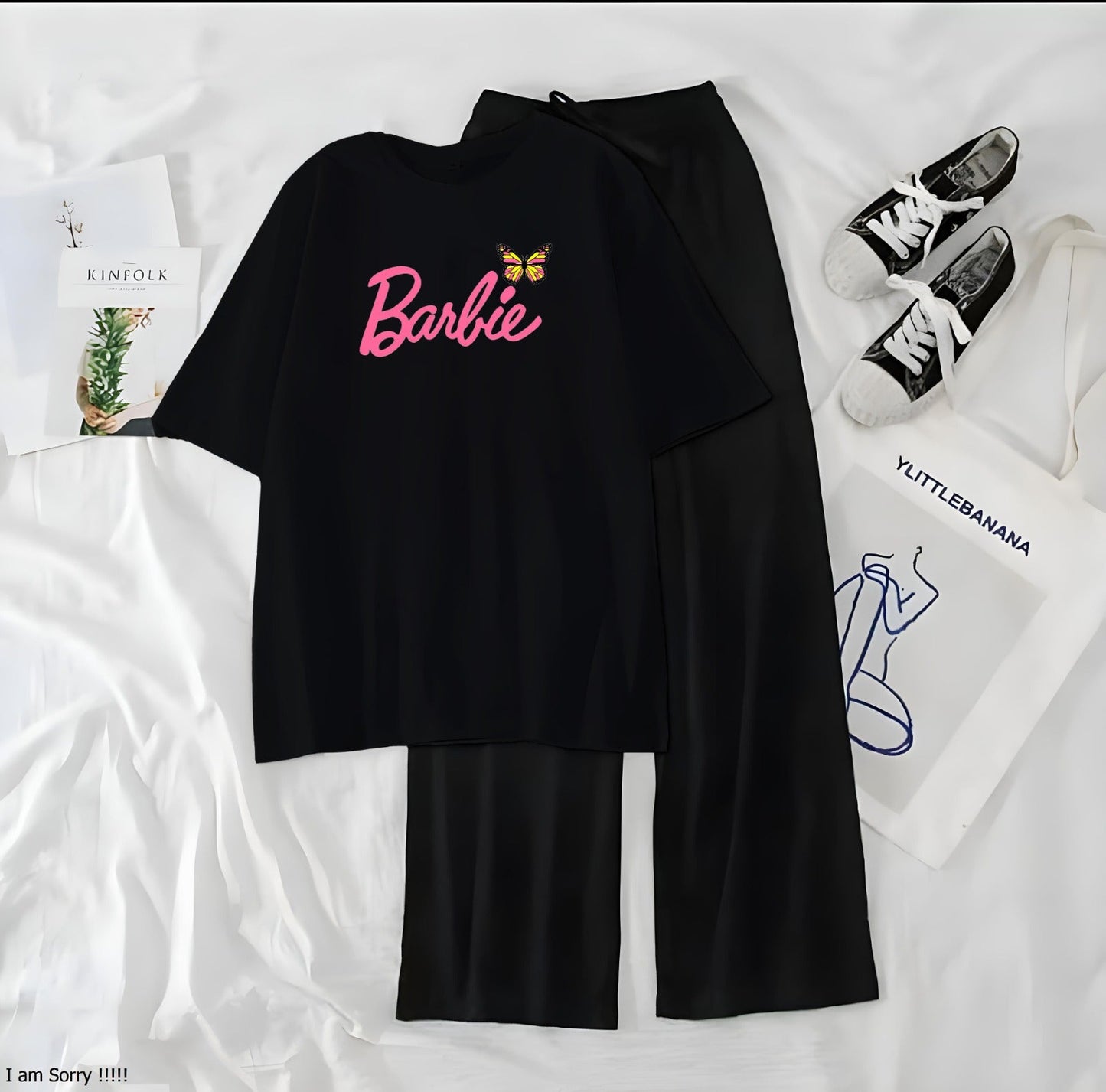 Women’s Graphic Print T-Shirt &amp; Wide Leg Palazzo Lounge Set – Soft Casual Co-Ord Nightwear