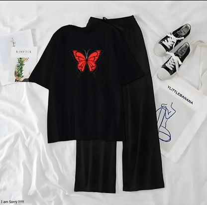Women’s Graphic Print T-Shirt & Wide Leg Palazzo Lounge Set – Soft Casual Co-Ord Nightwea