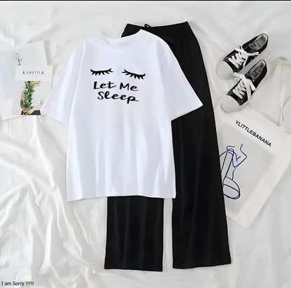 Women’s Graphic Print T-Shirt &amp; Wide Leg Palazzo Lounge Set – Soft Casual Co-Ord Nightwear