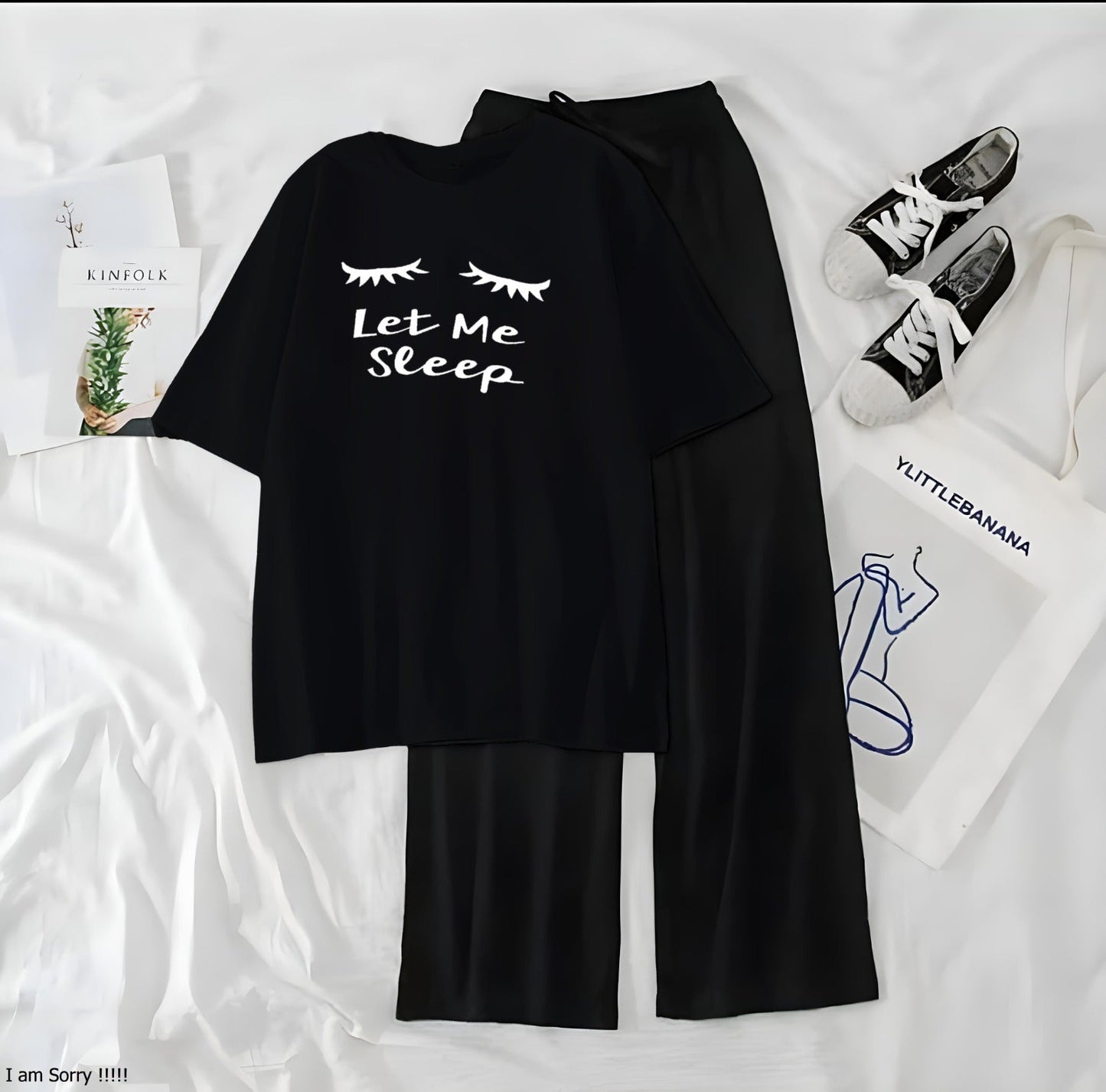 Women’s Graphic Print T-Shirt &amp; Wide Leg Palazzo Lounge Set – Soft Casual Co-Ord Nightwear