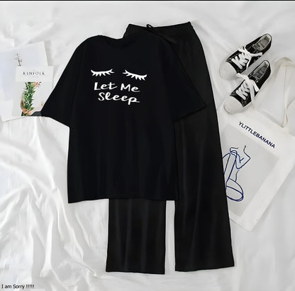 Women’s Graphic Print T-Shirt &amp; Wide Leg Palazzo Lounge Set – Soft Casual Co-Ord Nightwear