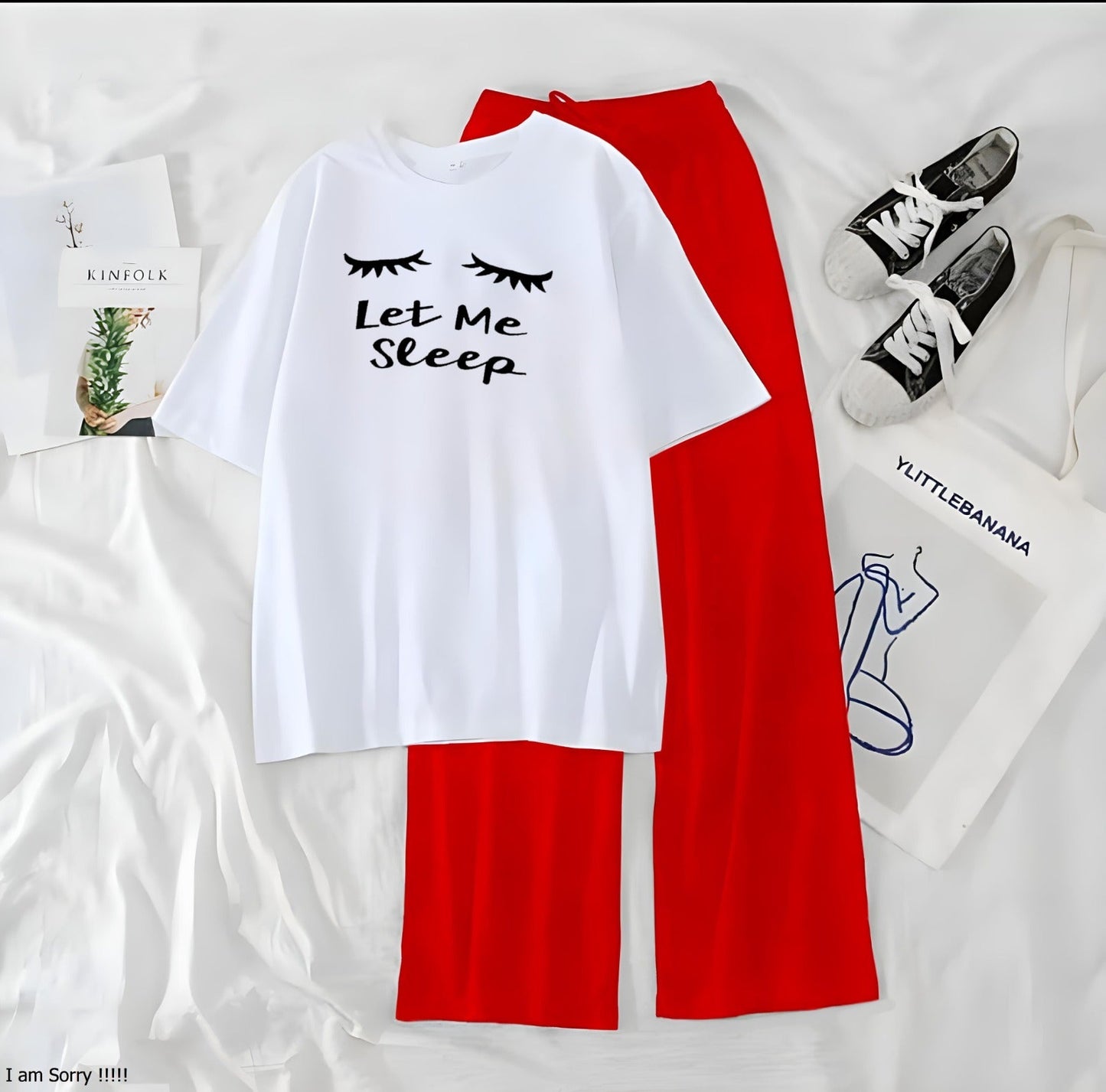 Women’s Graphic Print T-Shirt &amp; Wide Leg Palazzo Lounge Set – Soft Casual Co-Ord Nightwear