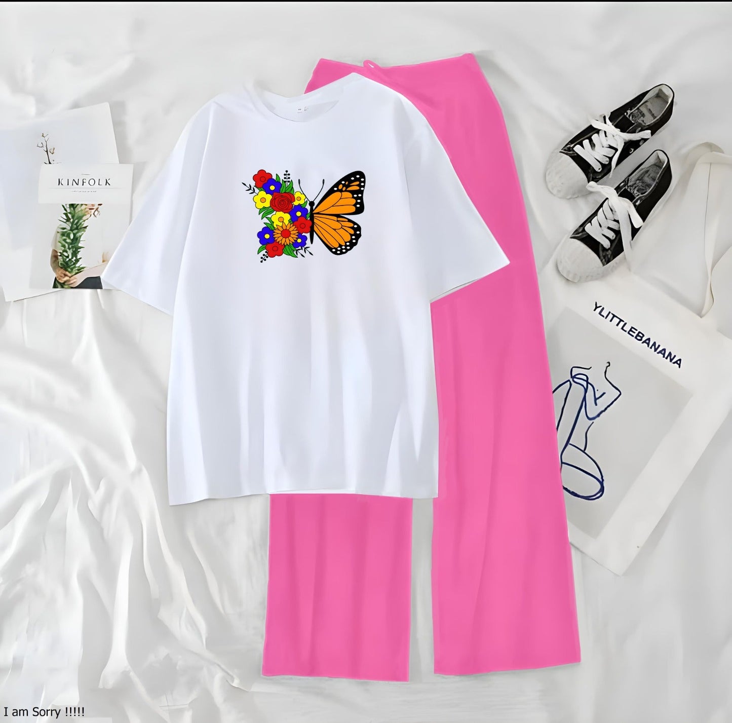 Women’s Graphic Print T-Shirt &amp; Wide Leg Palazzo Lounge Set – Soft Casual Co-Ord Nightwear