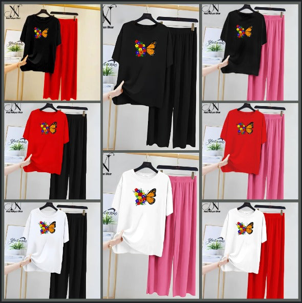 Women’s Graphic Print T-Shirt &amp; Wide Leg Palazzo Lounge Set – Soft Casual Co-Ord Nightwear