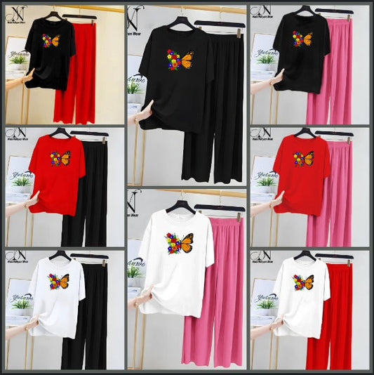 Women’s Graphic Print T-Shirt &amp; Wide Leg Palazzo Lounge Set – Soft Casual Co-Ord Nightwear