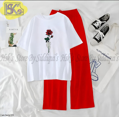 Women’s Graphic Print T-Shirt &amp; Wide Leg Palazzo Lounge Set – Soft Casual Co-Ord Nightwear