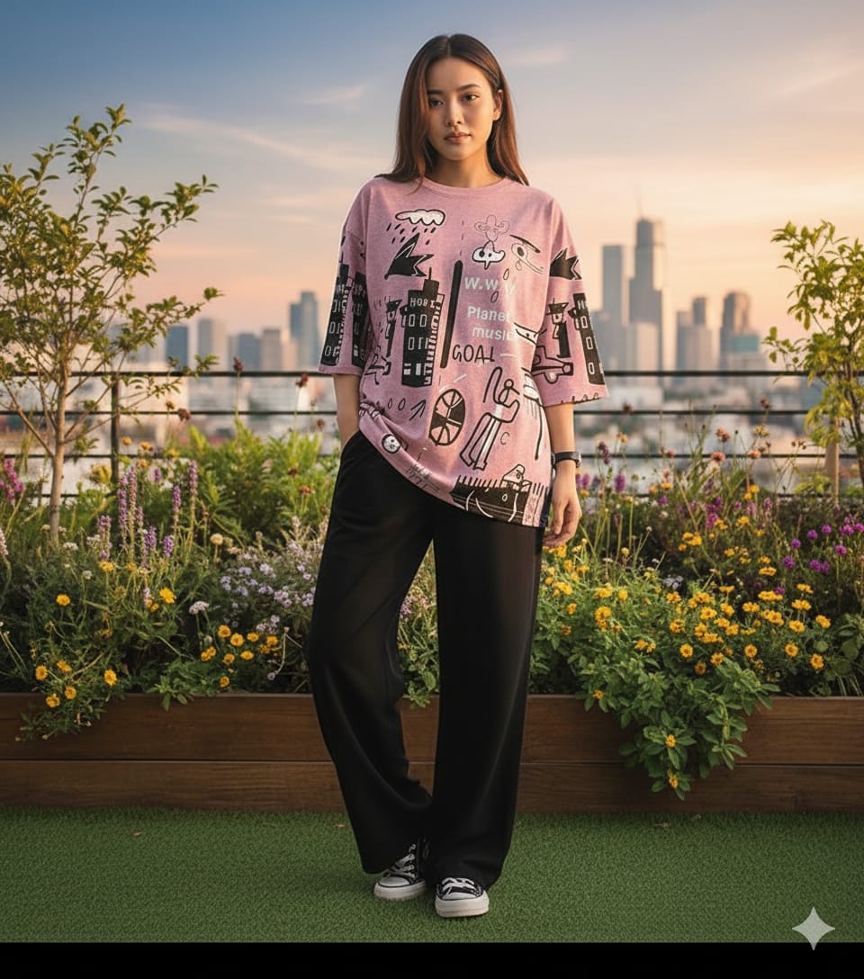 Baby Pink Graphic Printed T-shirt with Sold Black Trouser Dress