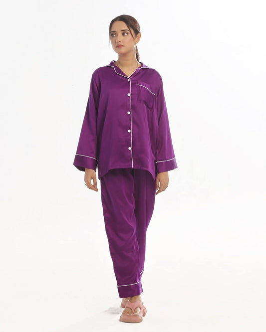 Purple Classic White Satin Full Sleeves Night Suit for Women