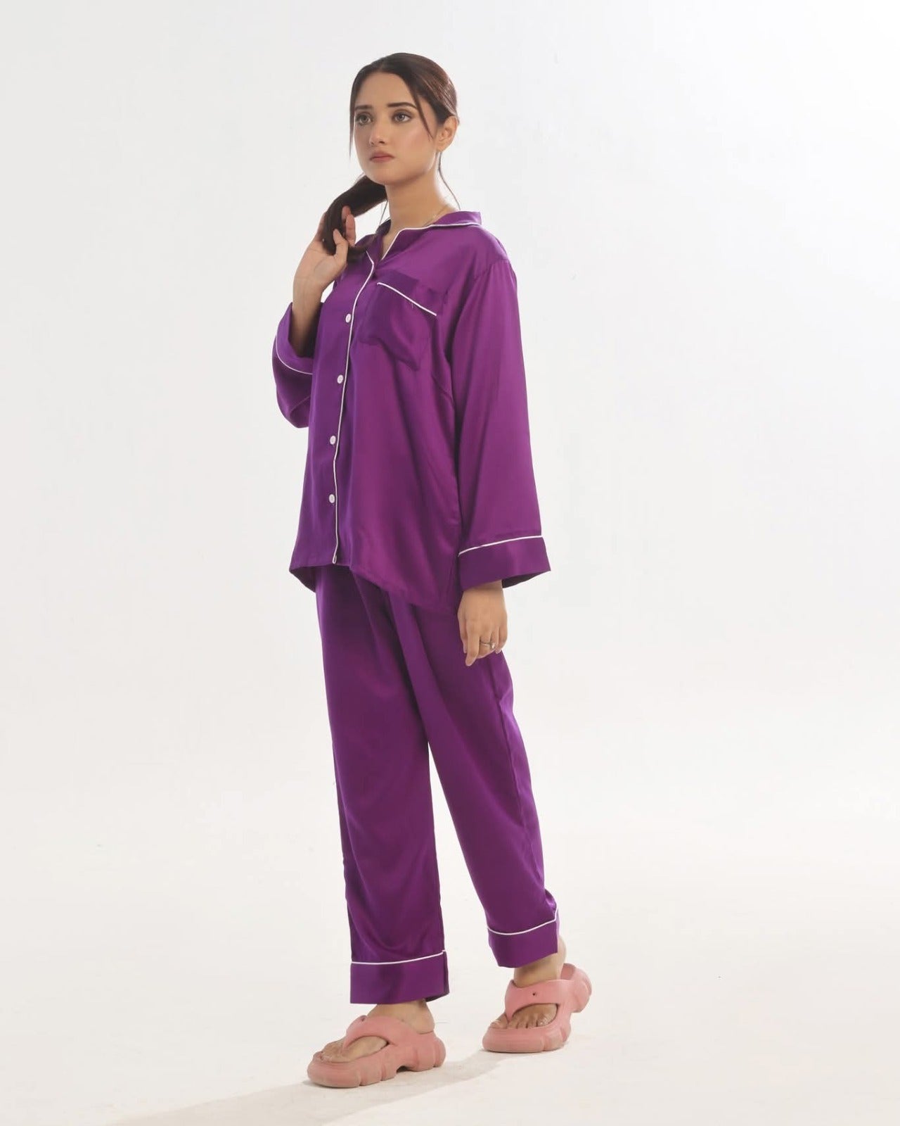 Purple Classic White Satin Full Sleeves Night Suit for Women