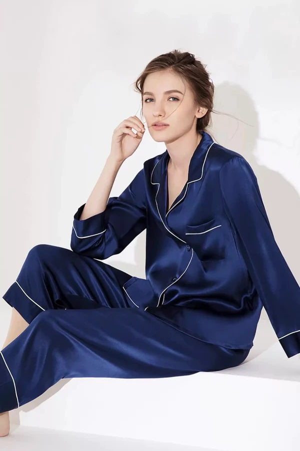 Navy Blue Classic White Satin Full Sleeves Night Suit for Women