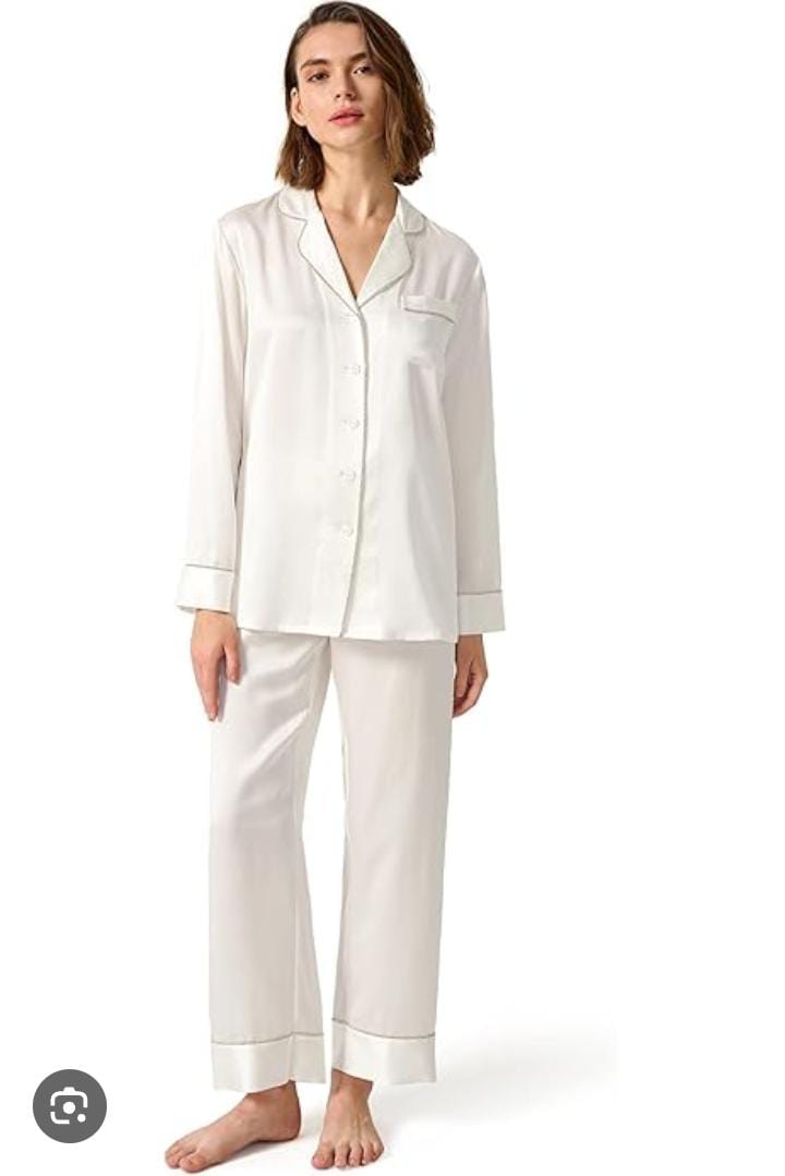 Classic White Satin Full Sleeves Night Suit for Women