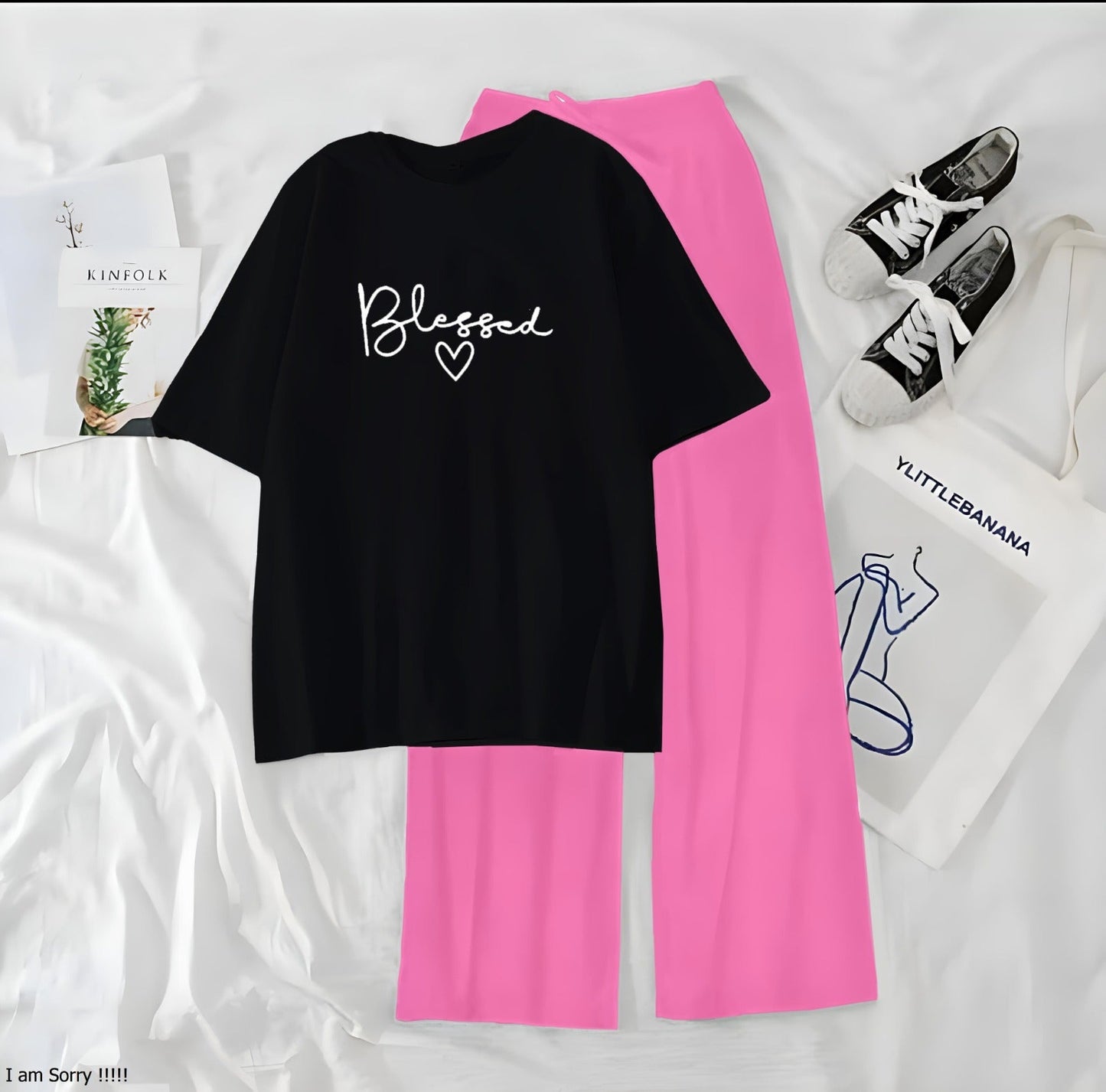Women’s Graphic Print T-Shirt &amp; Wide Leg Palazzo Lounge Set – Soft Casual Co-Ord Nightwear