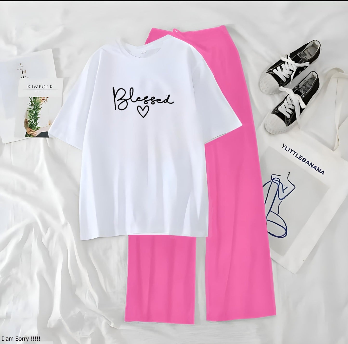 Women’s Graphic Print T-Shirt &amp; Wide Leg Palazzo Lounge Set – Soft Casual Co-Ord Nightwear
