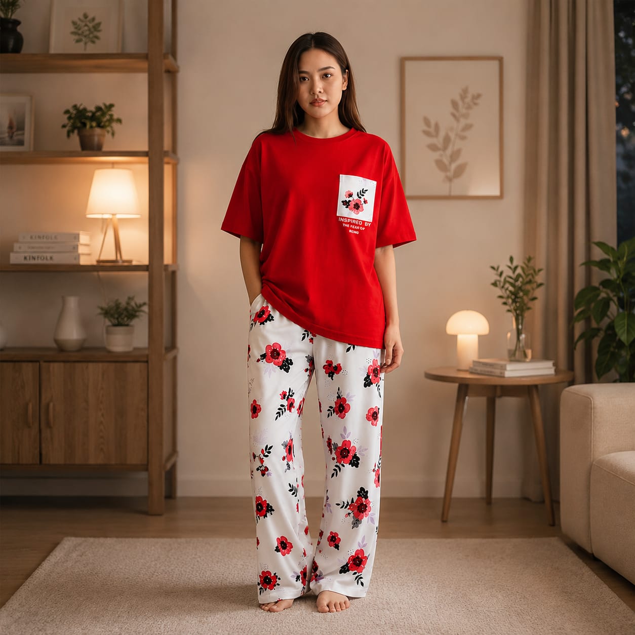 Premium Pocket Style Printed Red T-shirt with White Floral Trouser
