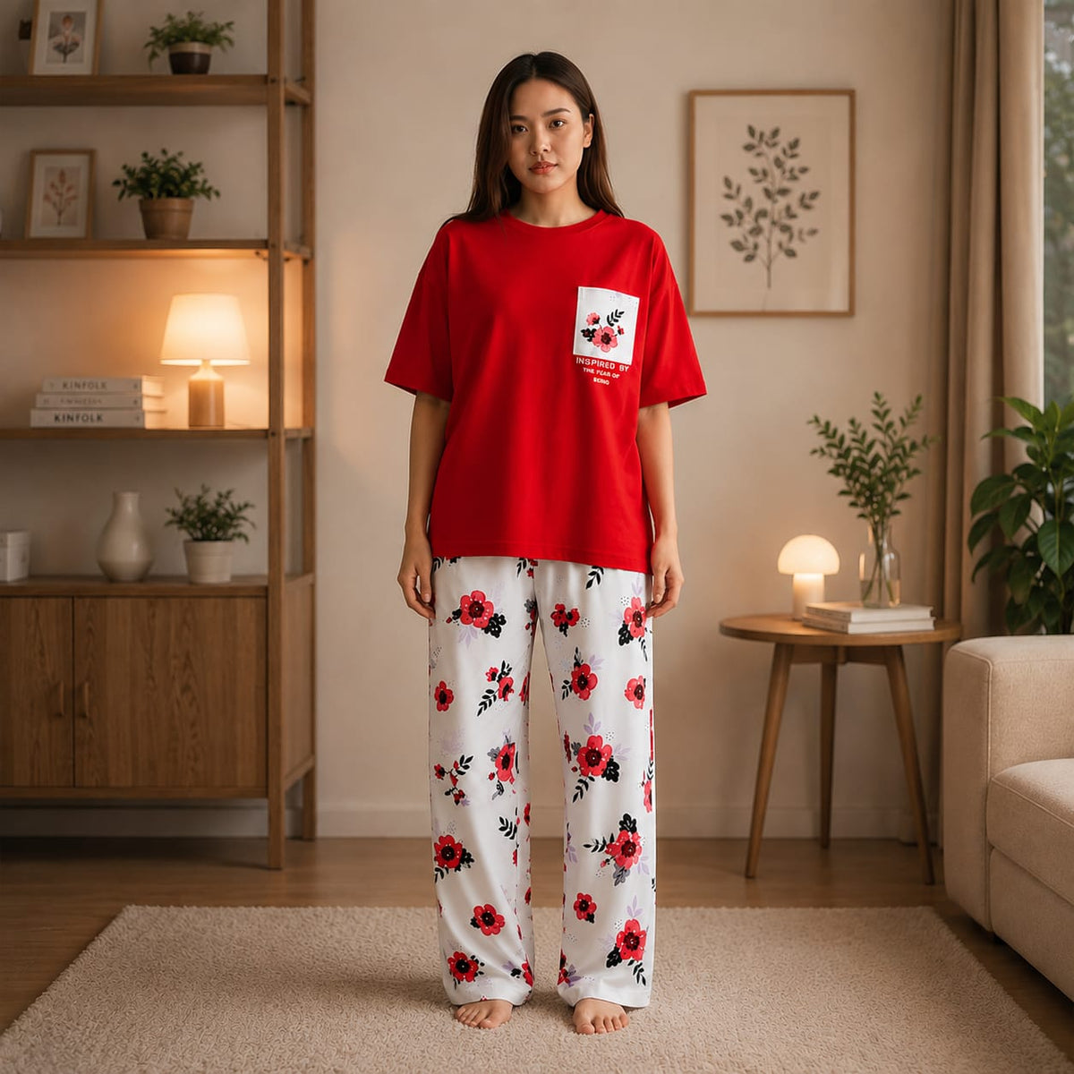 Premium Pocket Style Printed Red T-shirt with White Floral Trouser