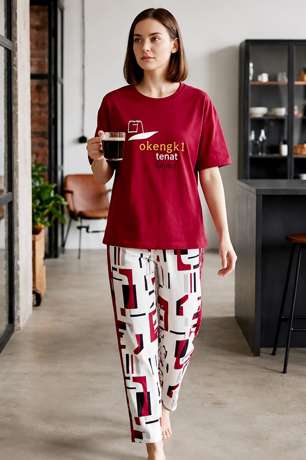 PK Red T-Shirt & White Matching Printed Trouser Sleepwear Set