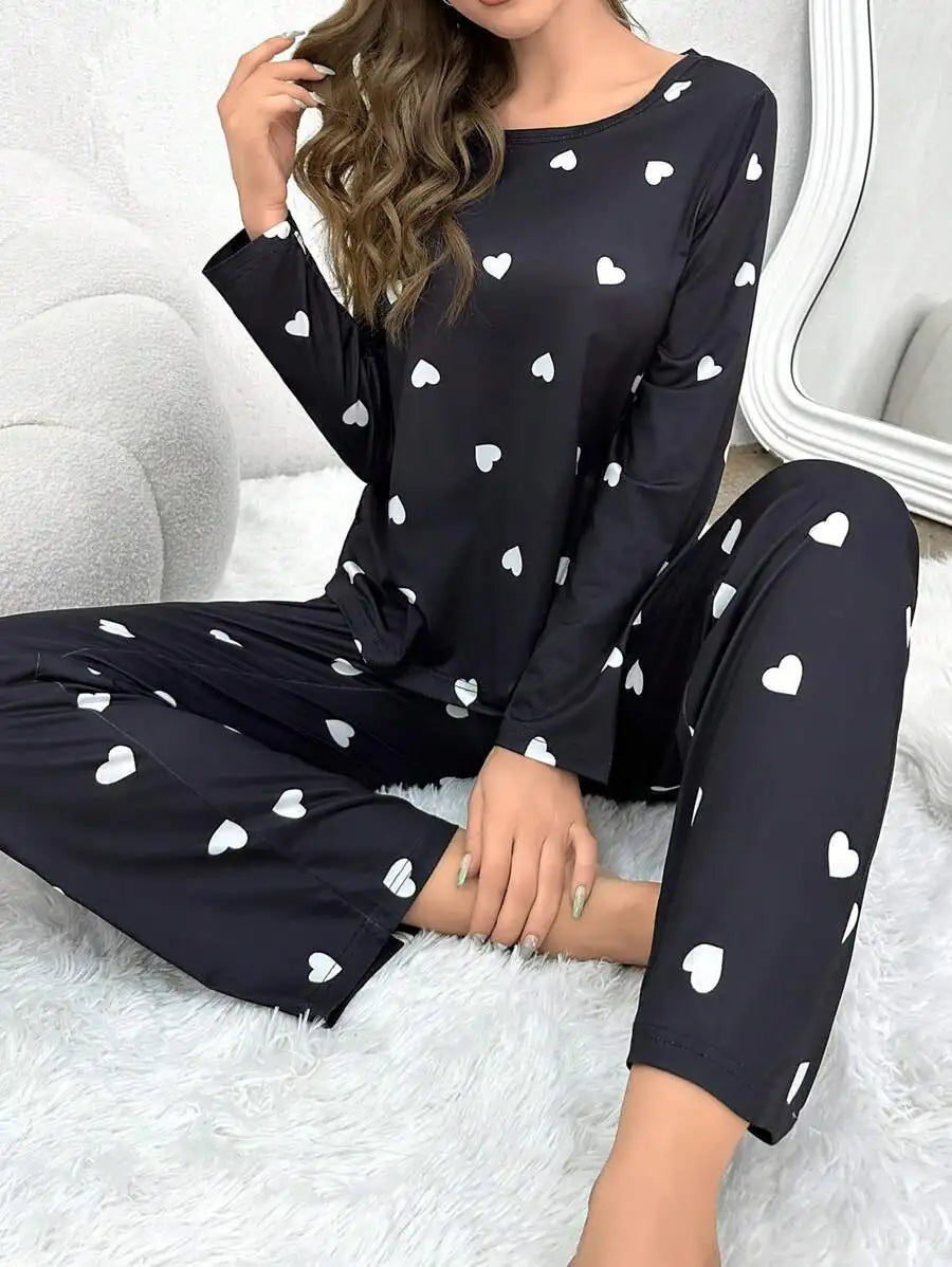 Black Little Hear Full Sleeves Matching Night Wear