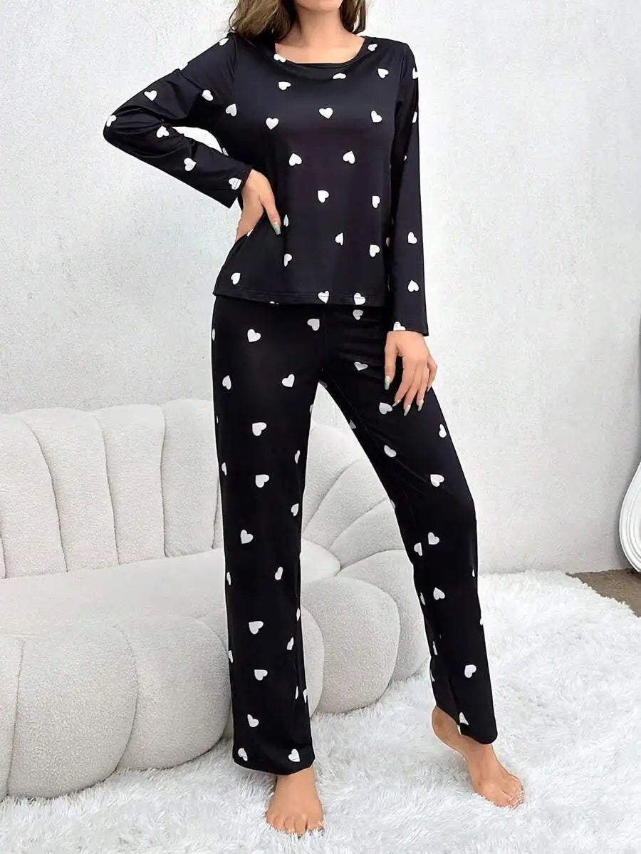 Black Little Hear Full Sleeves Matching Night Wear