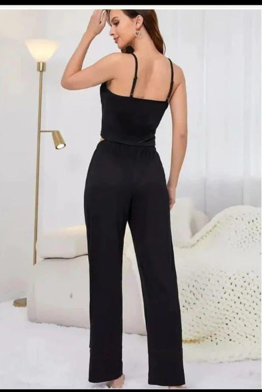 Black Camisole Top With Solid Full Length Black Pajama