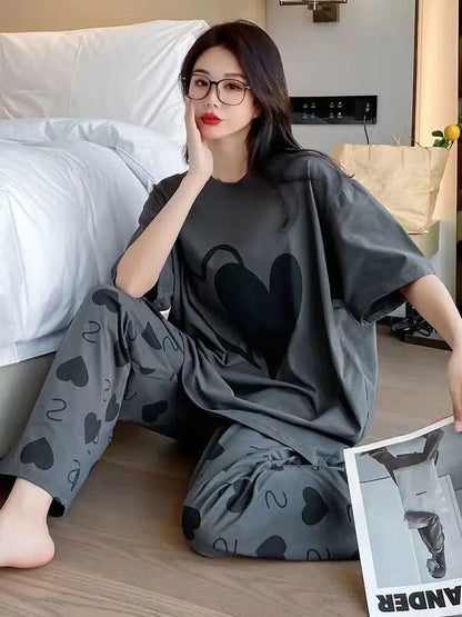 Grey Double Heart Printed Full Sleeves T-shirt with Little Heart Printed Matching Trousers