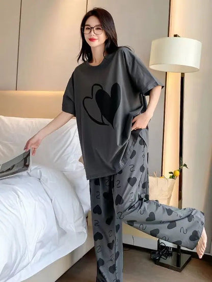 Grey Double Heart Printed Full Sleeves T-shirt with Little Heart Printed Matching Trousers