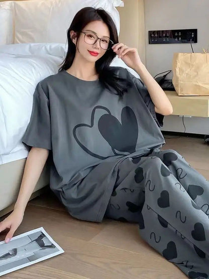Grey Double Heart Printed Full Sleeves T-shirt with Little Heart Printed Matching Trousers